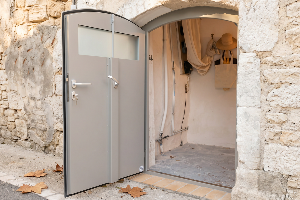 AquaLOCK® Tür mit Sichtfenster in einer Kelleröffnung, innenansicht