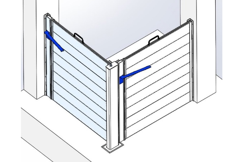 Illustration einer AquaLOCK® Quickwall Ecklösung mit zwei verbundenen Hochwasserschutzbarrieren.