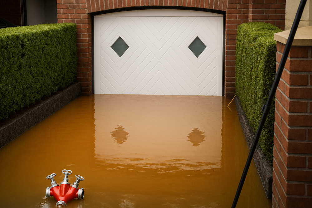 Hochwasserschutz‑Schwingtor einer Garage, teilweise von stark verschmutztem Hochwasser umgeben