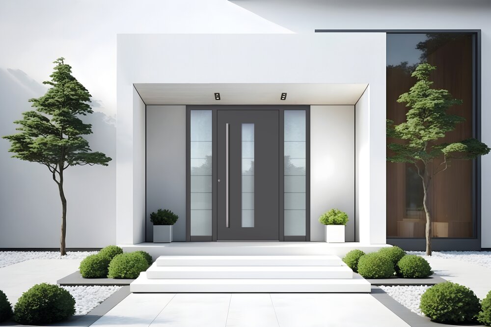 Graue Aluminium Haustür mit Verglasung und Seitenteil