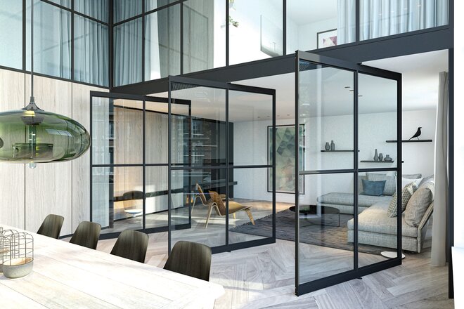 Room dividers made of glass and aluminum