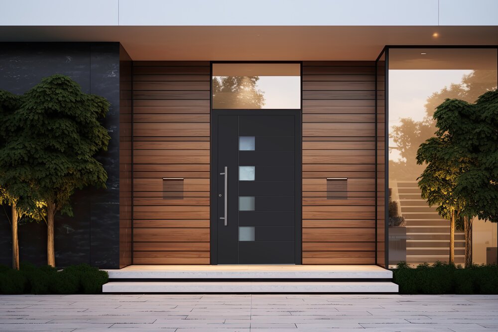 Schwarze Aluminium Haustür umgeben von einer Holzfassade und großen Glasfenstern