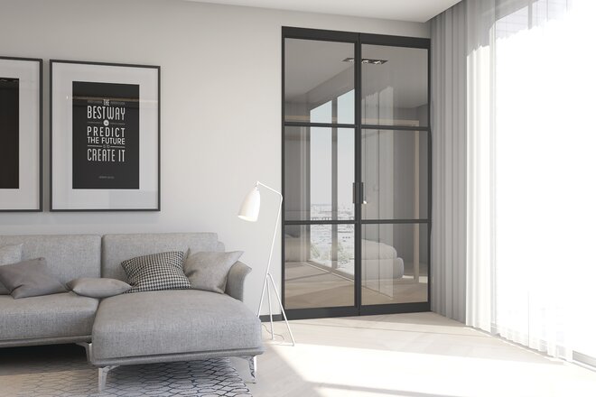 Schwarze Aluminium Lofttür im Wohnzimmer