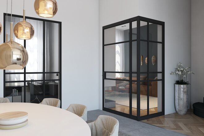 Schwarze Aluminium Lofttür im Esszimmer