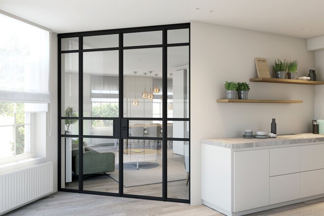 Schwarze Aluminium Lofttür im Innenraum