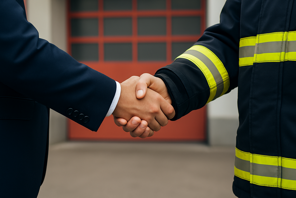 Geschäftsmann und Feuerwehrmann schütteln Hände